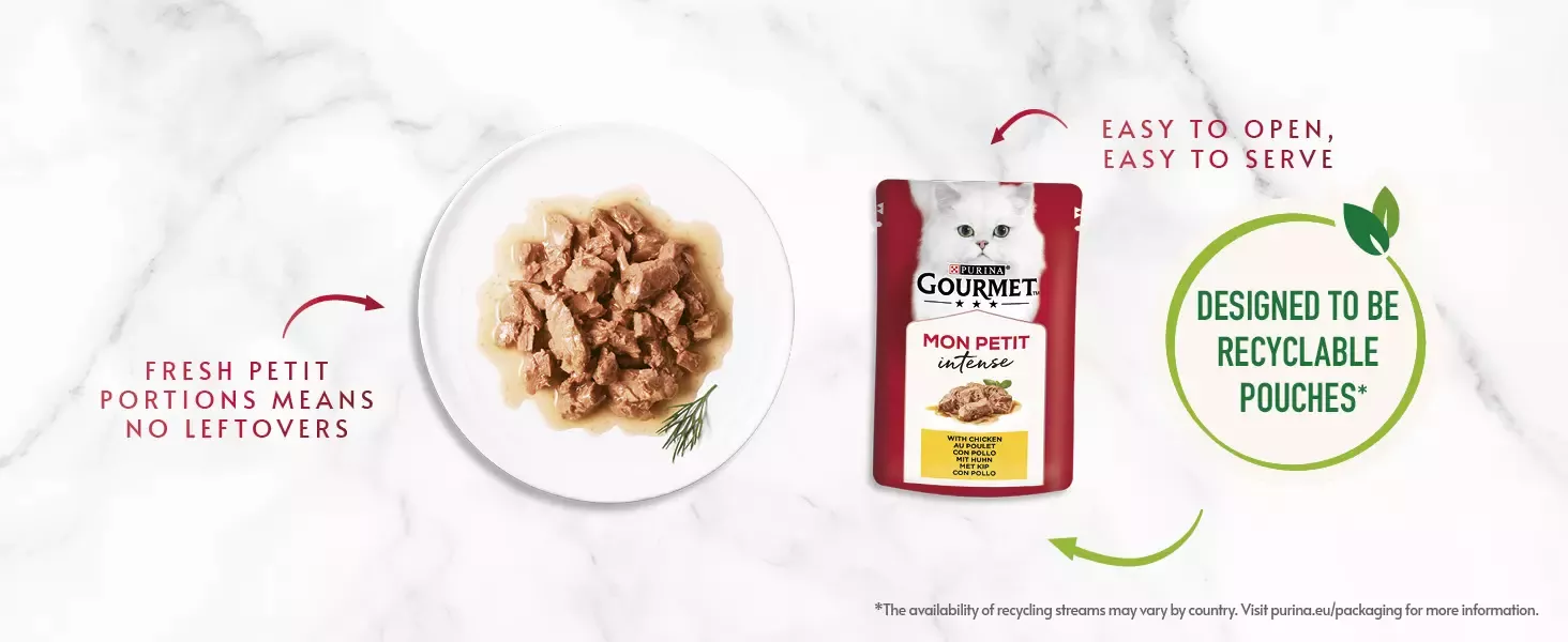 Purina mon petit pouch next to a bowl of catfood with text saying 'designed to be recyclable' next to the pouch